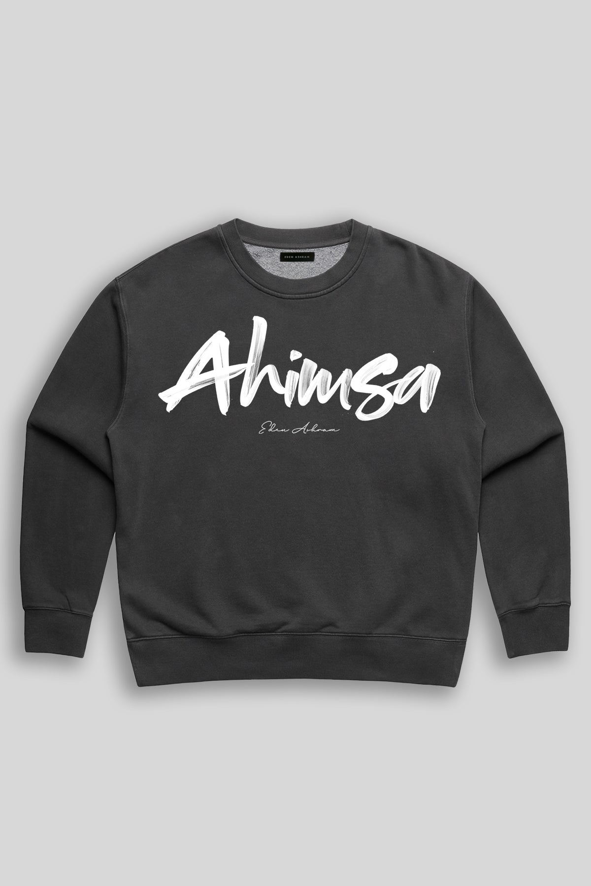 Eden Ashram Ahimsa Script Premium Faded Sweatshirt Faded Black