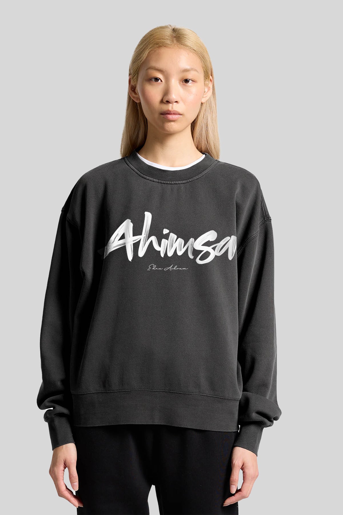 Eden Ashram Ahimsa Script Premium Faded Sweatshirt