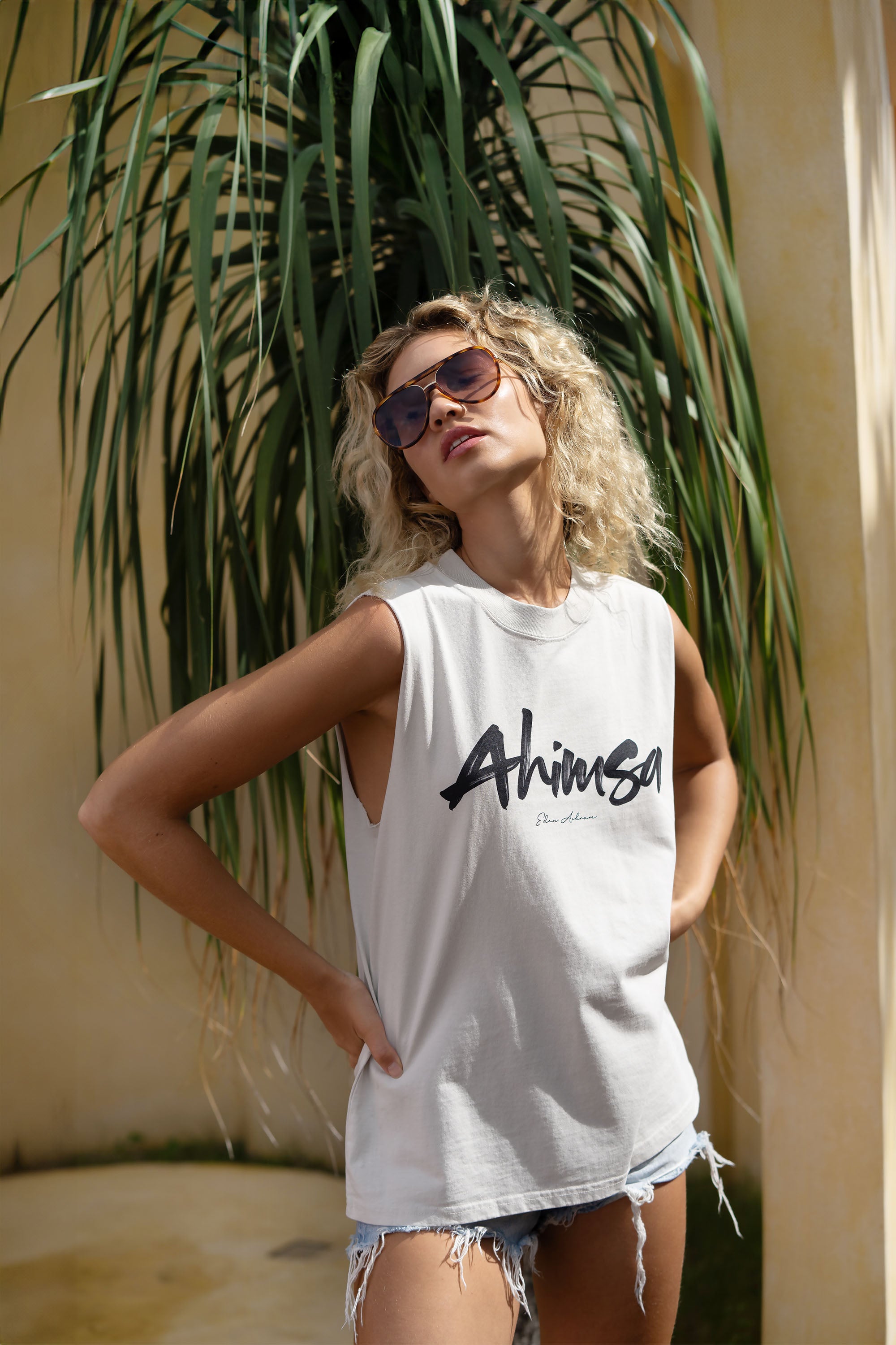 Eden Ashram Ahimsa Script Faded Rocker Tank