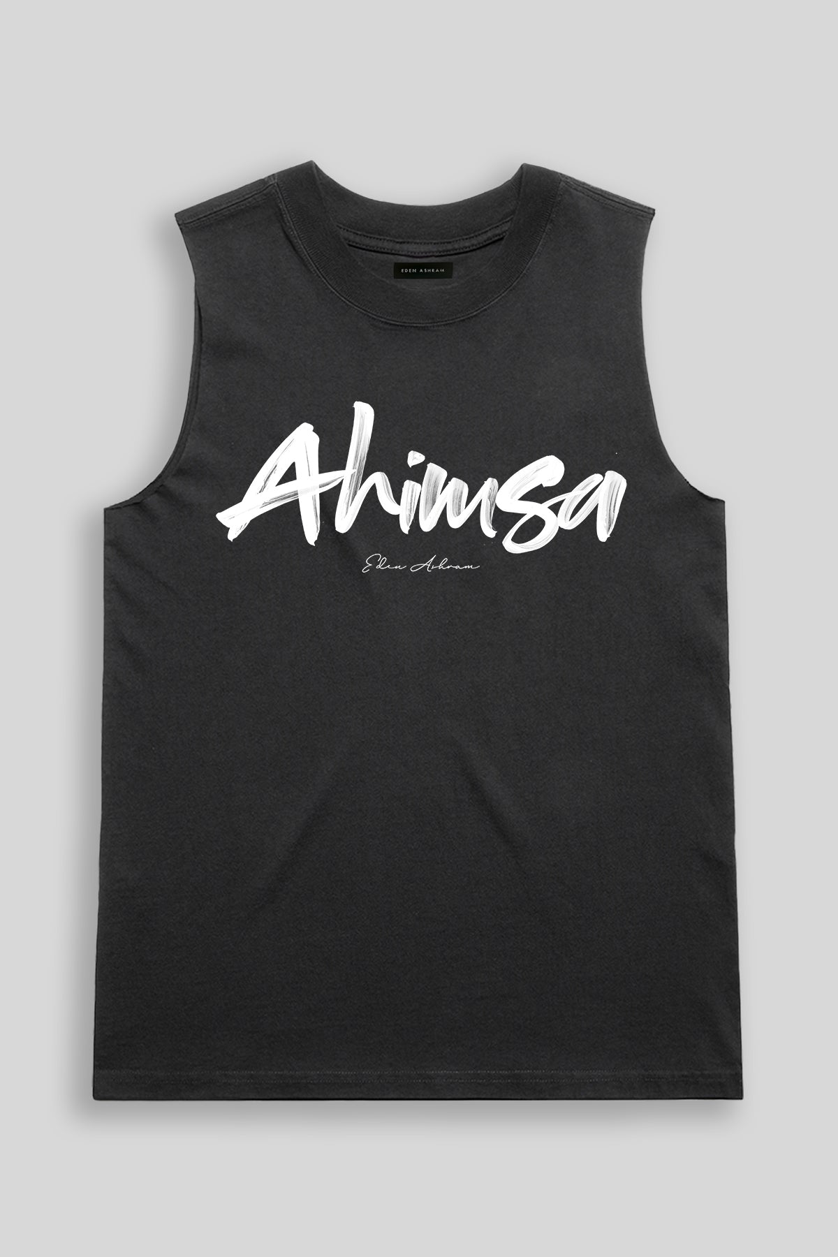 Eden Ashram Ahimsa Script Faded Rocker Tank Faded Black