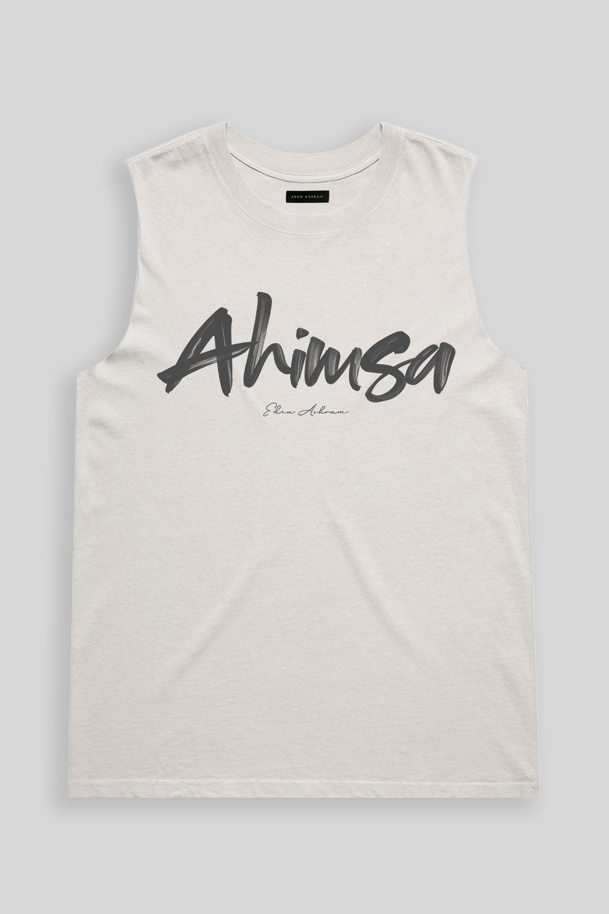 Eden Ashram Ahimsa Script Faded Rocker Tank Faded Bone