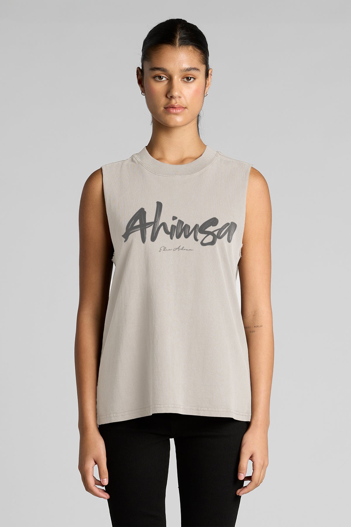 Eden Ashram Ahimsa Script Faded Rocker Tank