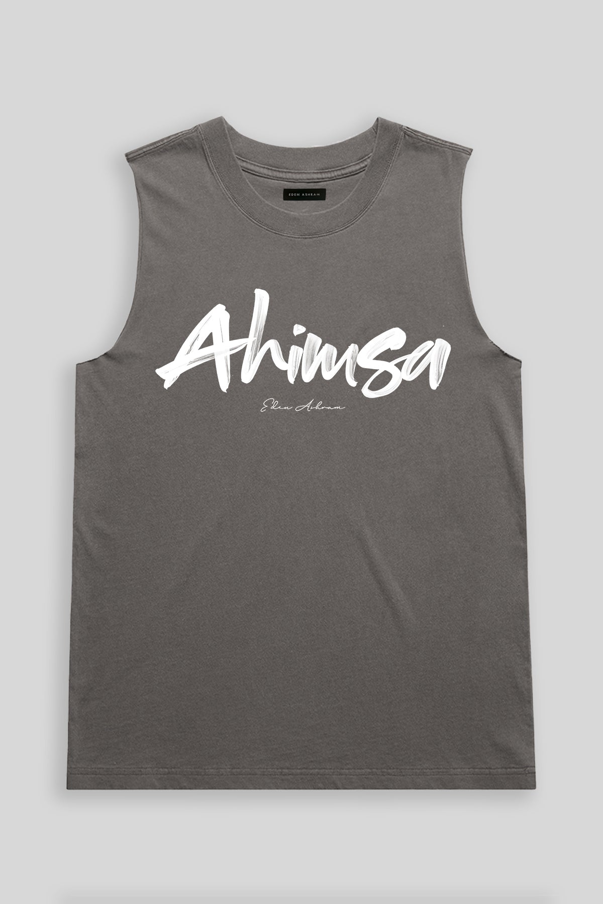 Eden Ashram Ahimsa Script Faded Rocker Tank Faded Grey