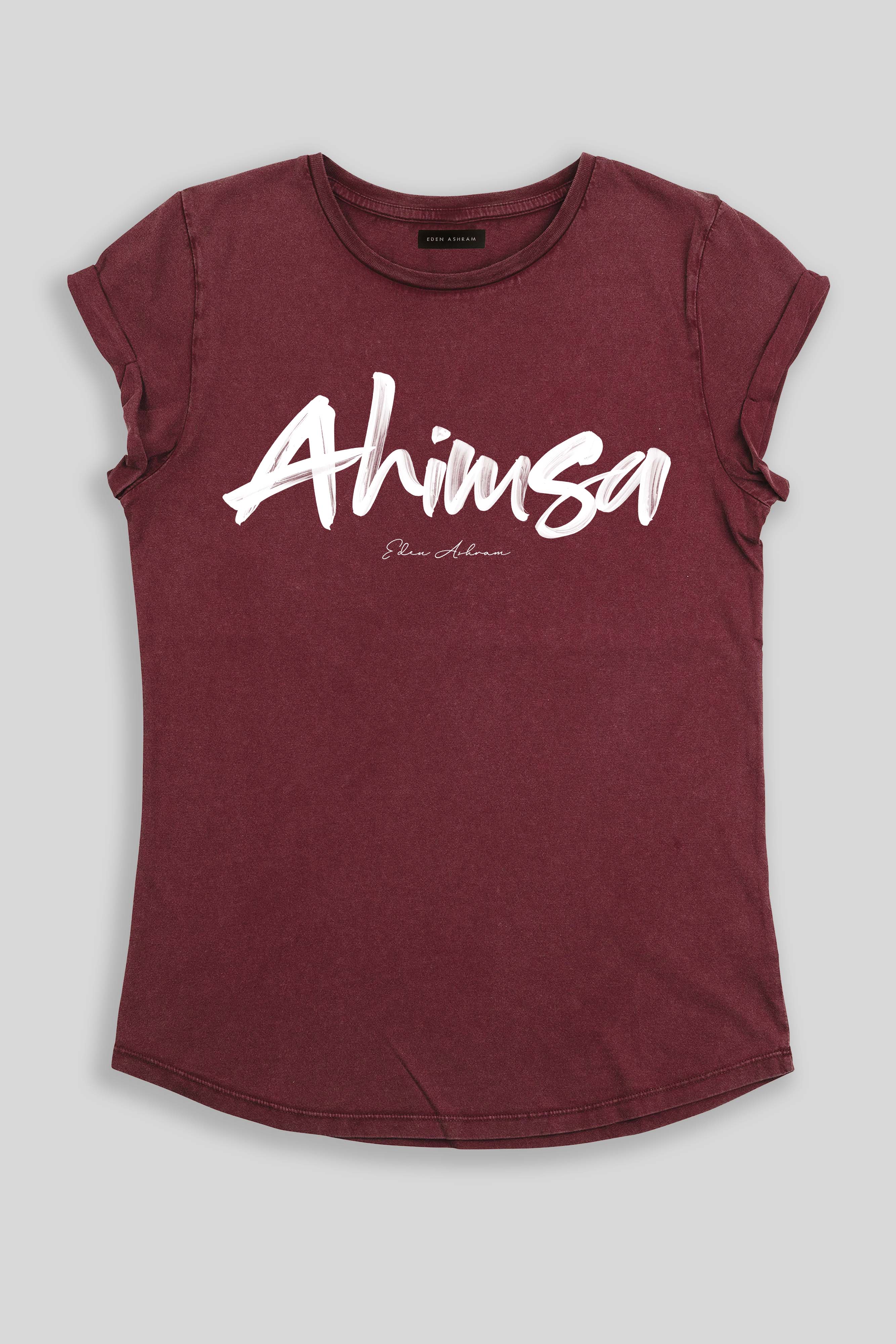 Eden Ashram Ahimsa Script Premium Rolled Sleeve T-Shirt Stonewash Burgundy