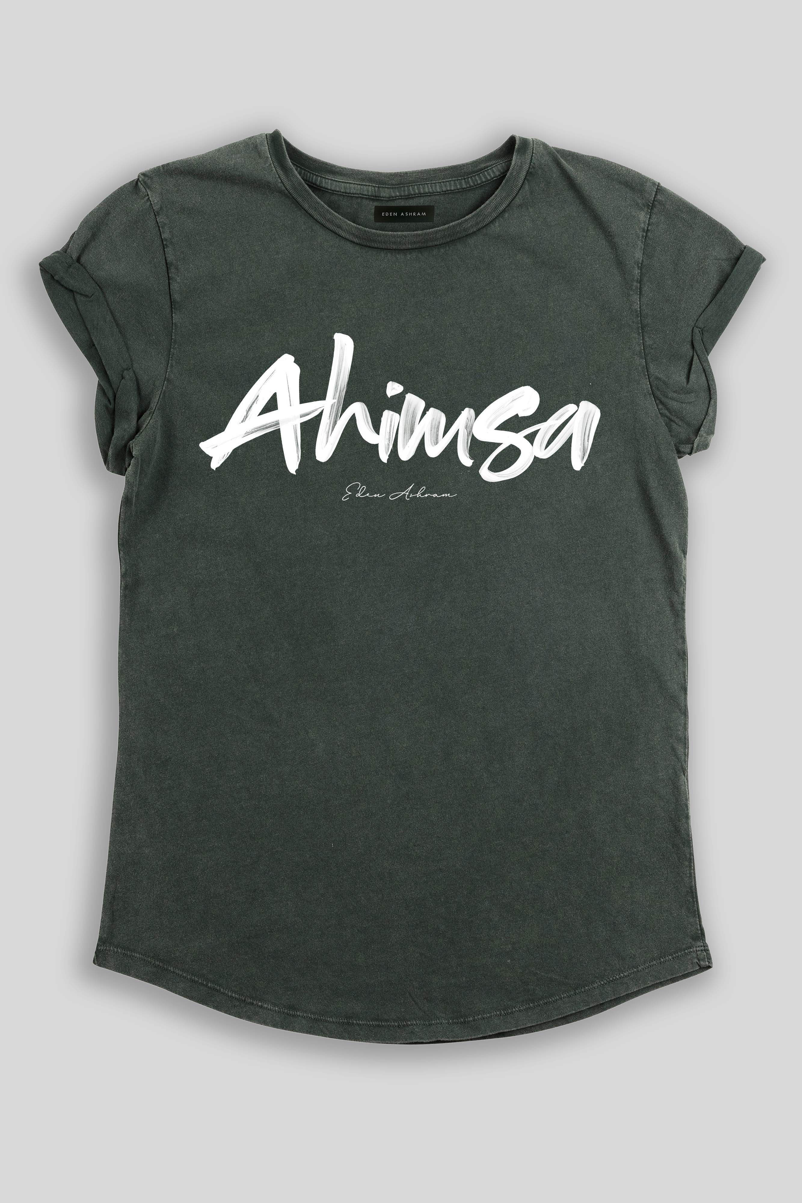 Eden Ashram Ahimsa Script Premium Rolled Sleeve T-Shirt Stonewash Green