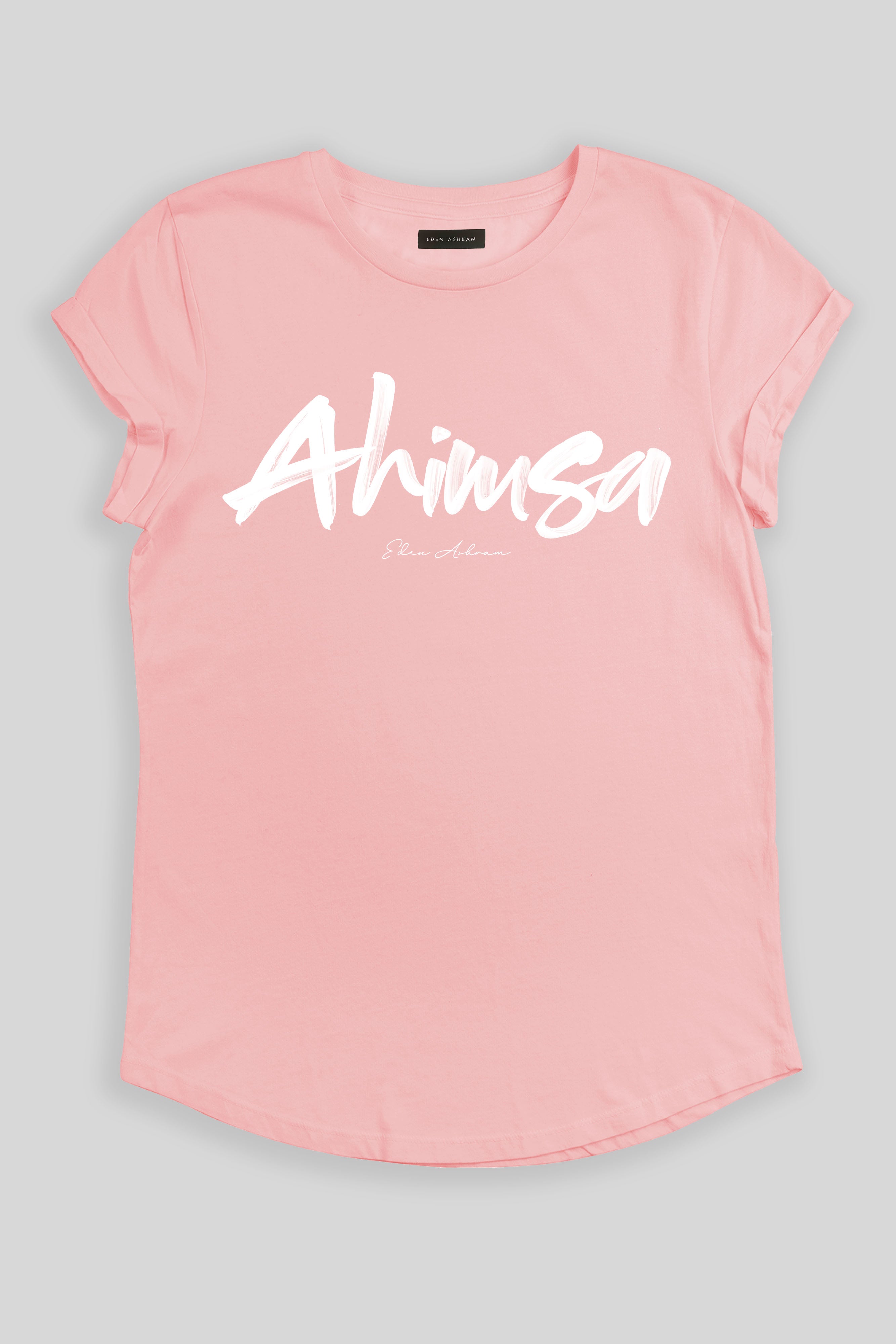 Eden Ashram Ahimsa Script Premium Rolled Sleeve T-Shirt Stonewash Pink