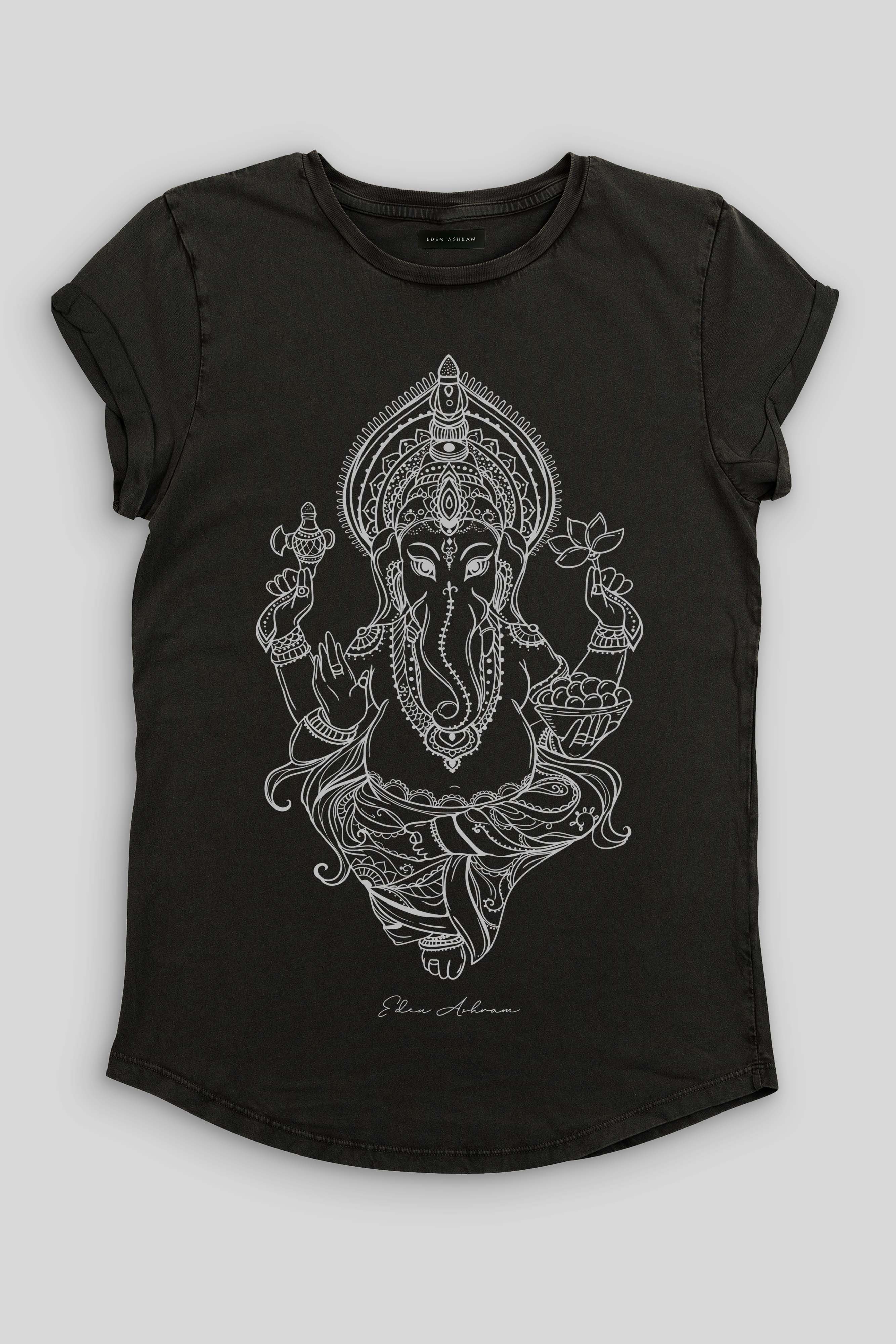 Eden Ashram Ganesha Premium Rolled Sleeve T-Shirt Stonewash Black