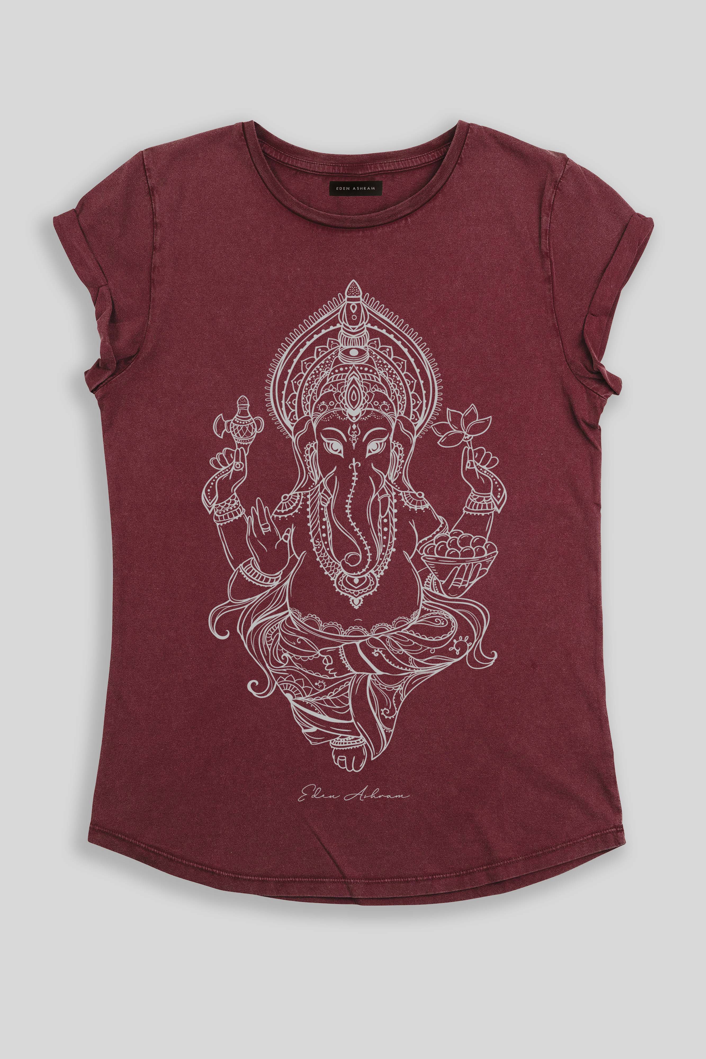 Eden Ashram Ganesha Premium Rolled Sleeve T-Shirt Stonewash Burgundy