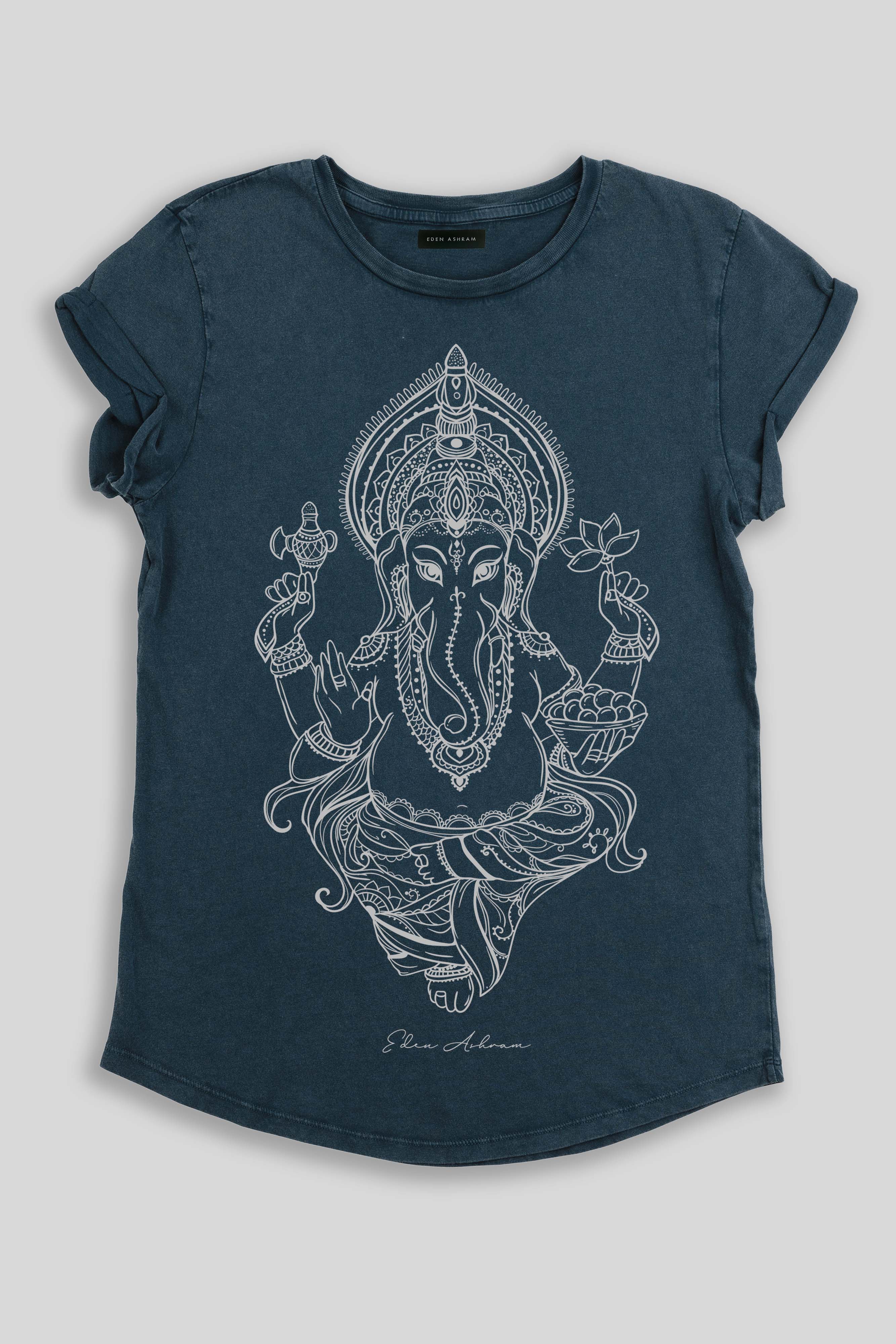 Eden Ashram Ganesha Premium Rolled Sleeve T-Shirt Stonewash Denim