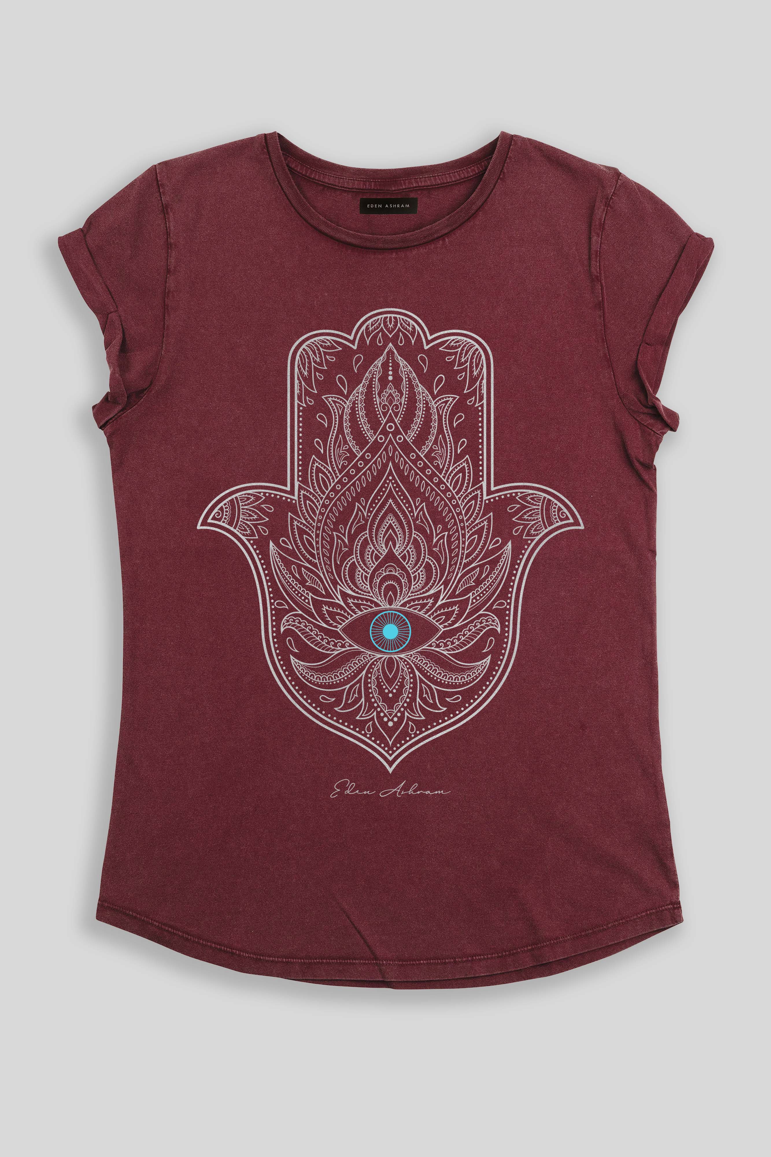 Eden Ashram Hamsa Eye Premium Rolled Sleeve T-Shirt Stonewash Burgundy