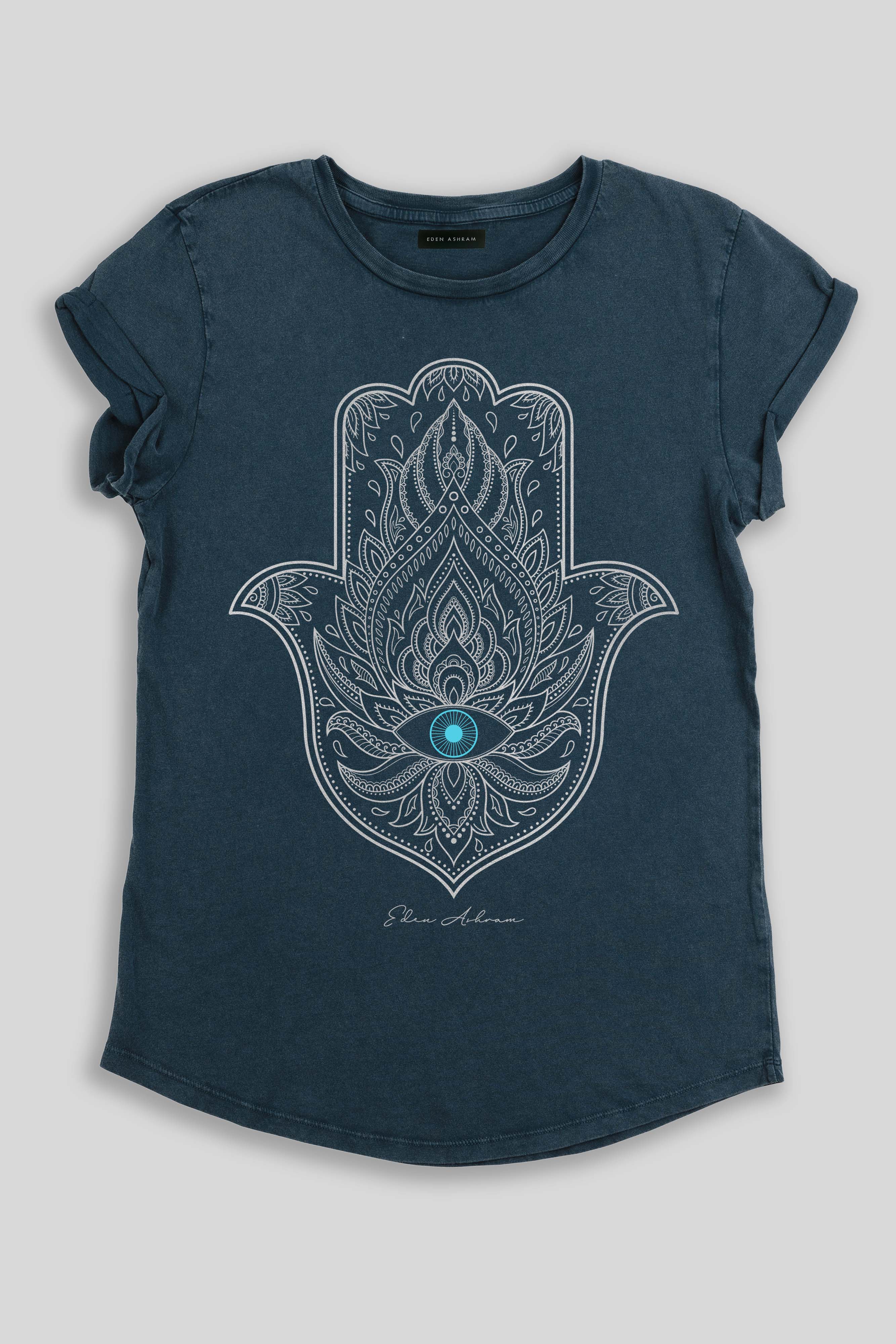 Eden Ashram Hamsa Eye Premium Rolled Sleeve T-Shirt Stonewash Denim