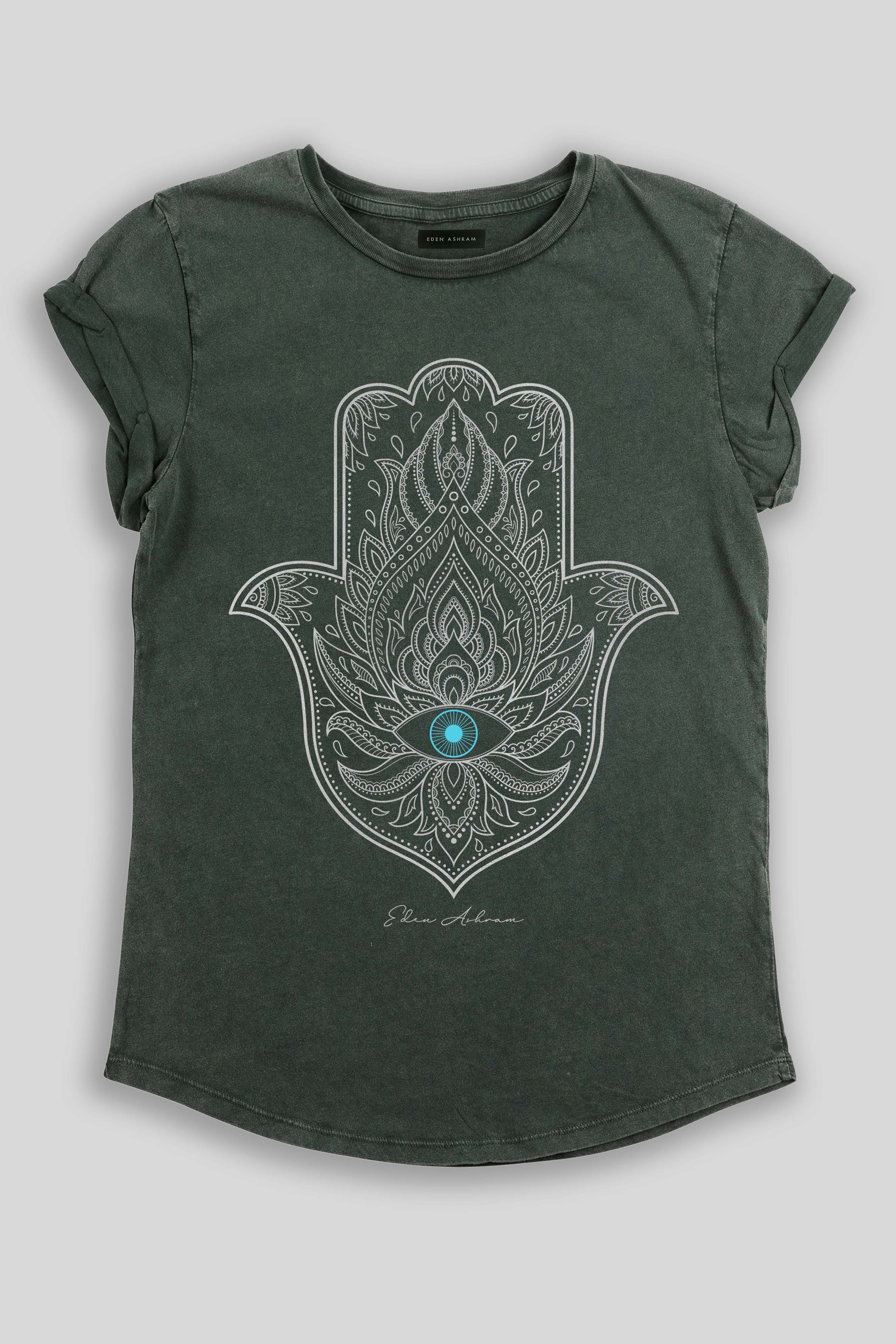 Eden Ashram Hamsa Eye Premium Rolled Sleeve T-Shirt Stonewash Green