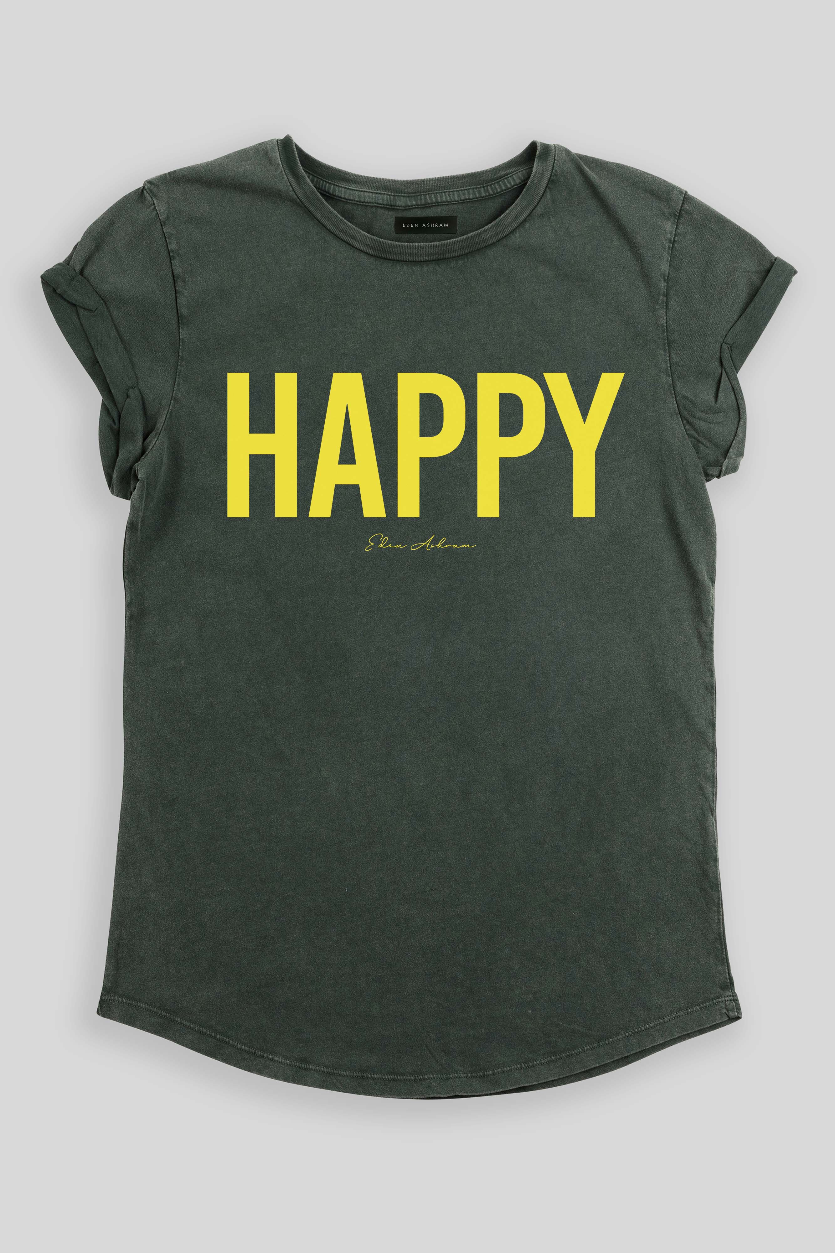 Eden Ashram Happy Premium Rolled Sleeve T-Shirt Stonewash Green