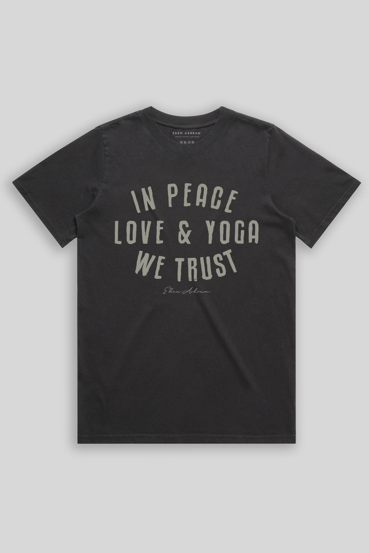 Eden Ashram In Peace, Love & Yoga We Trust Faded Rocker T-Shirt Faded Black