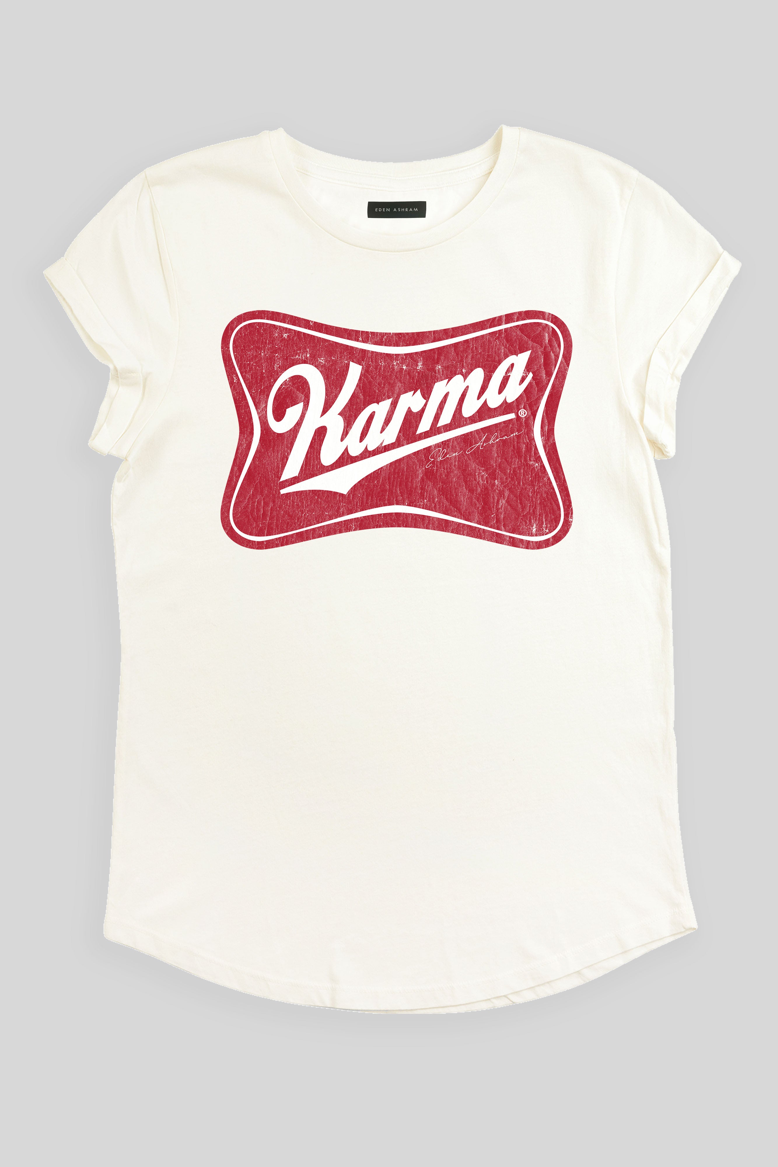 Eden Ashram Karma Beer Rolled Sleeve T-Shirt Stonewash White