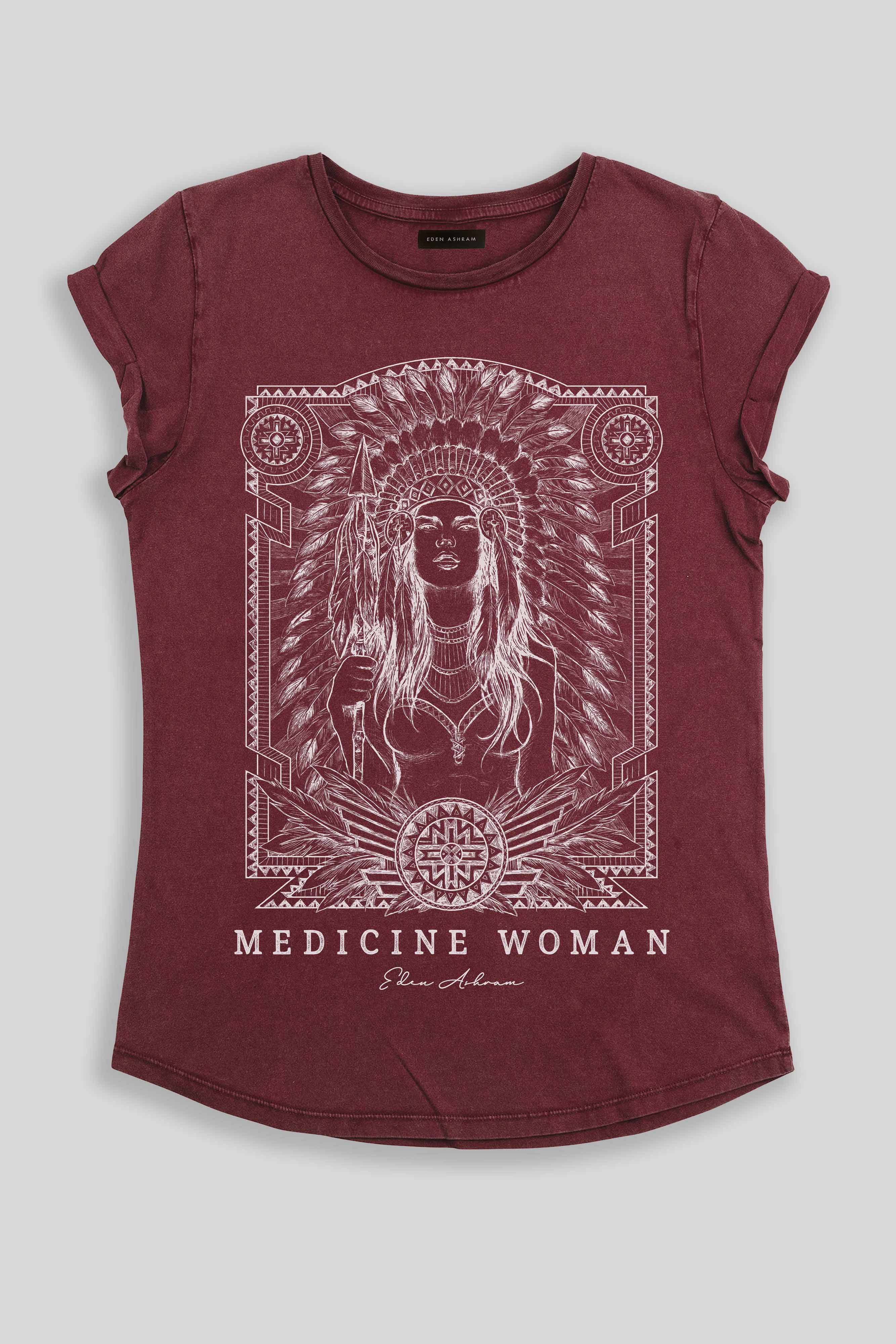 Eden Ashram Medicine Woman Premium Rolled Sleeve T-Shirt Stonewash Burgundy