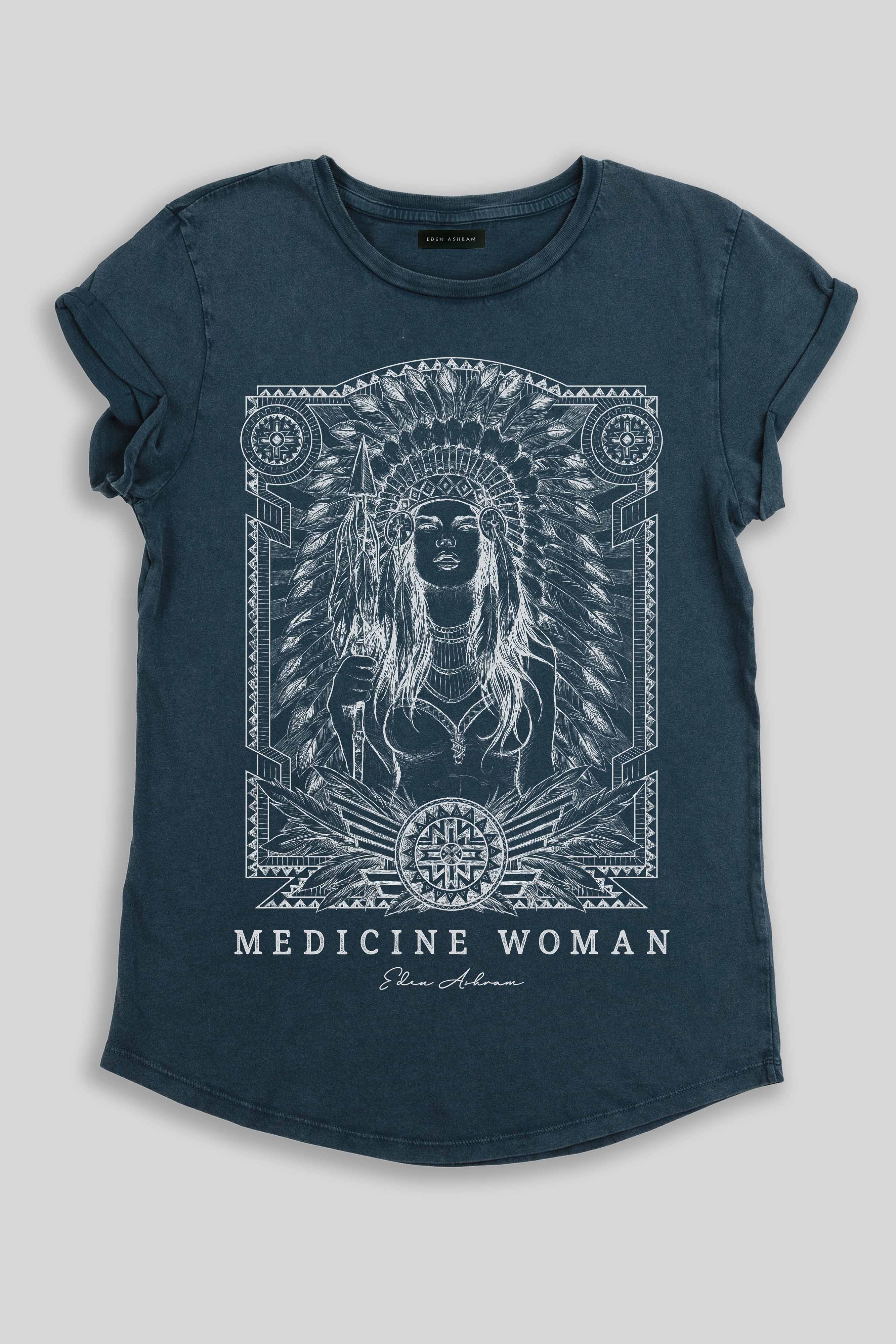 Eden Ashram Medicine Woman Premium Rolled Sleeve T-Shirt Stonewash Denim