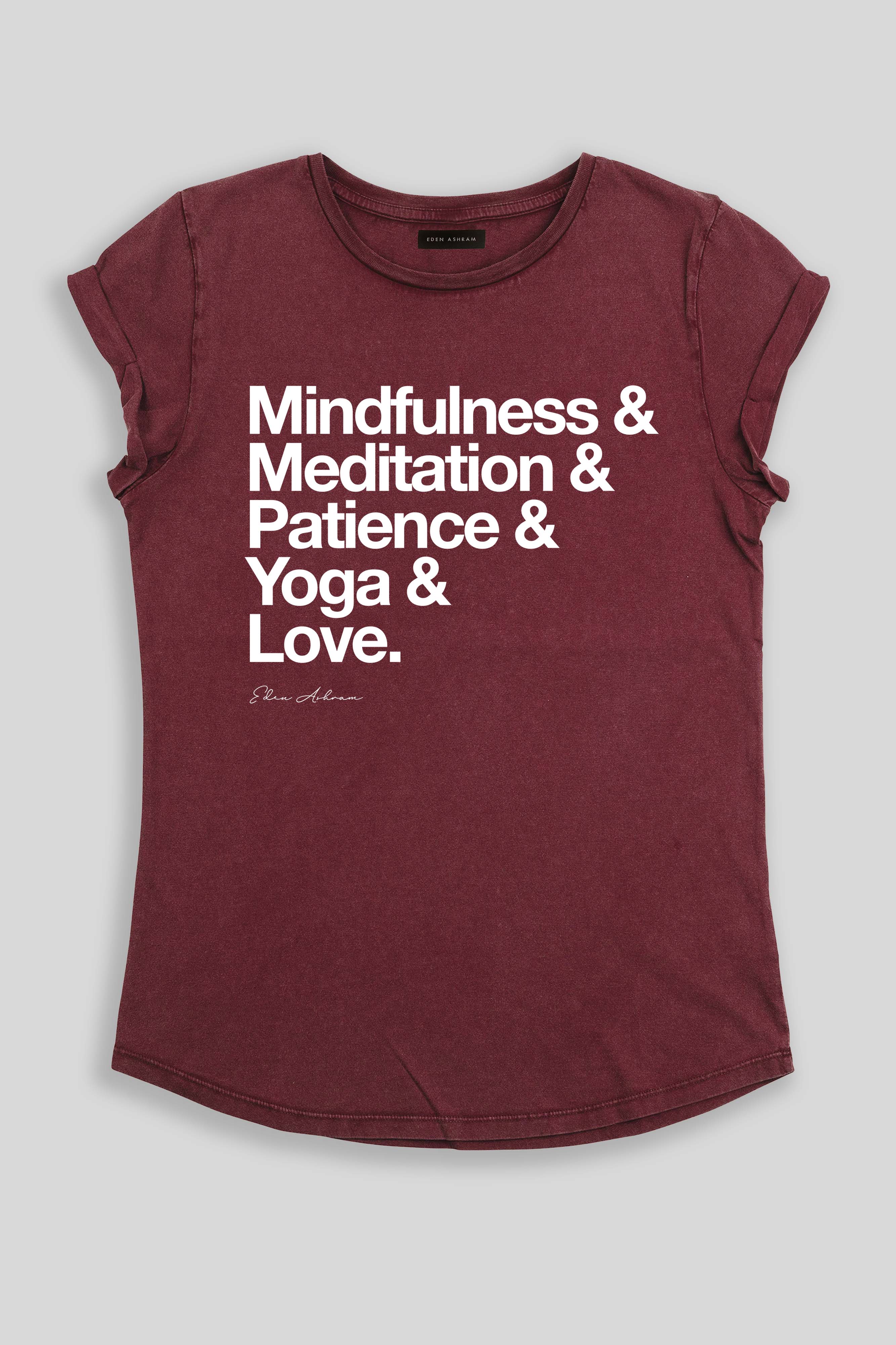 Eden Ashram Mindfulness & More Organic Rolled Sleeve T-Shirt Stonewash Burgundy