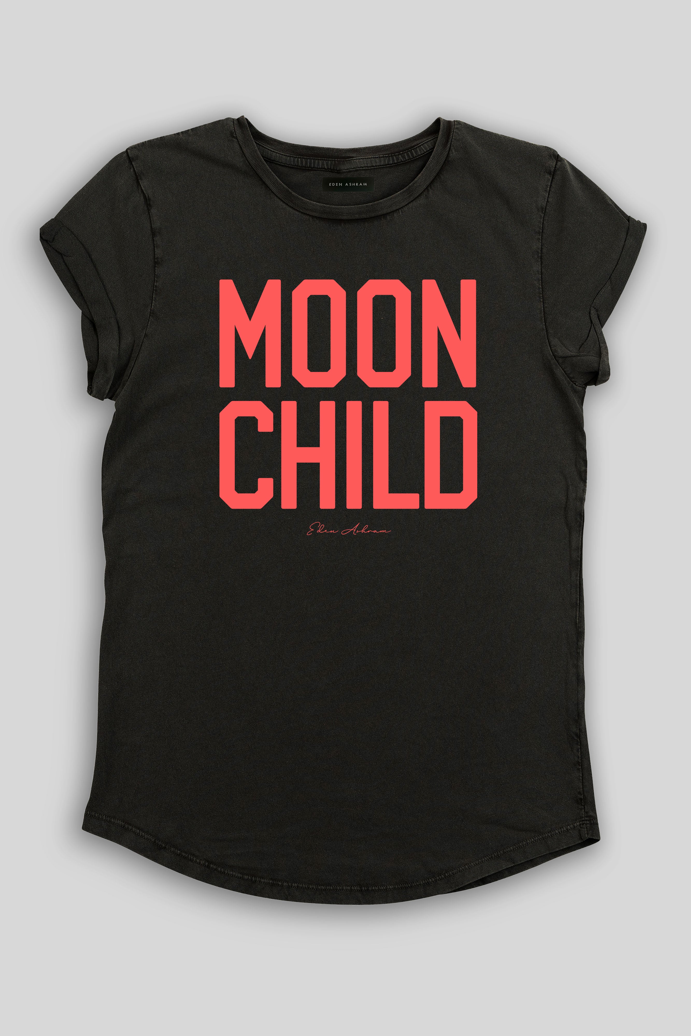 Eden Ashram Moon Child Rolled Sleeve T-Shirt Stonewash Black