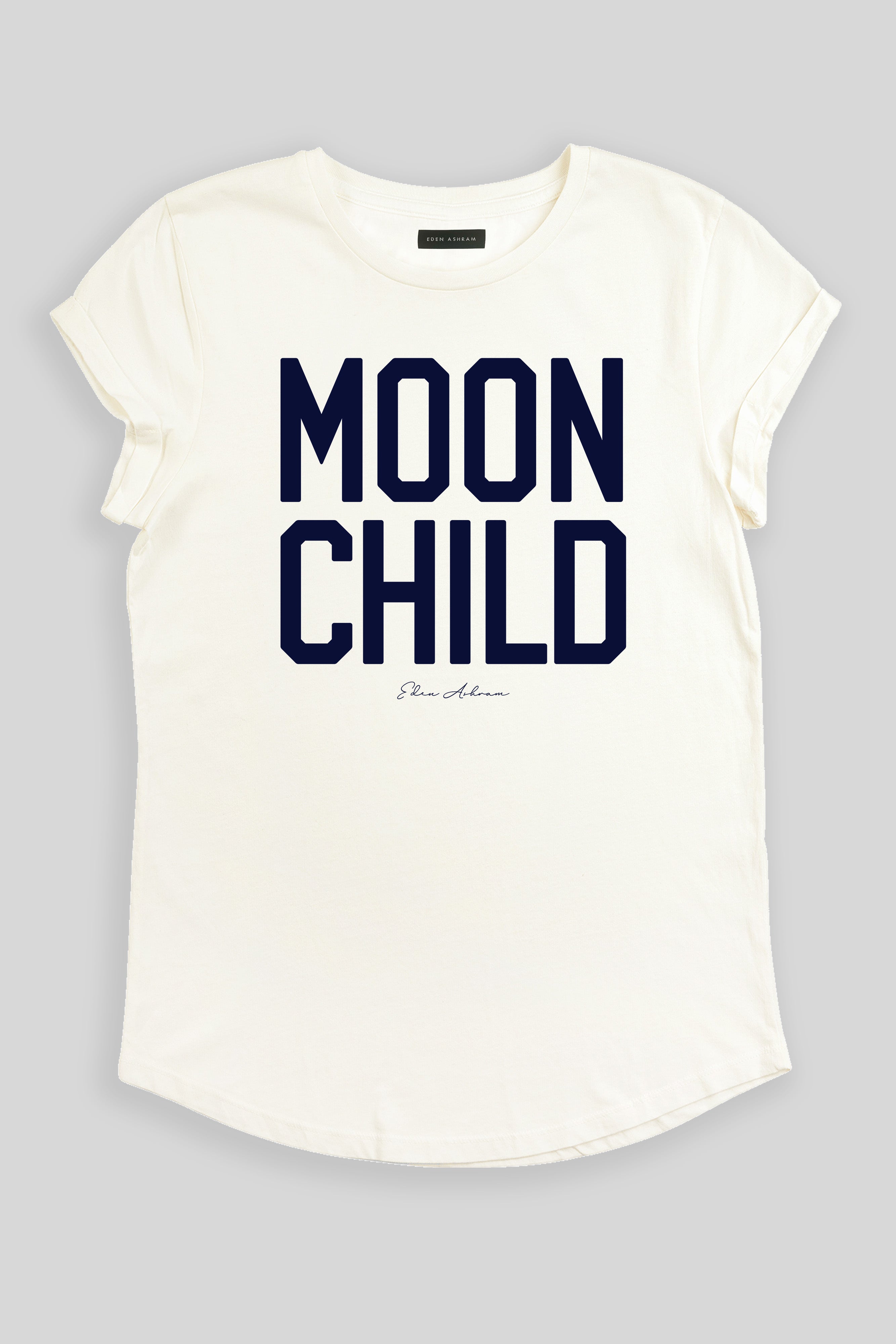 Eden Ashram Moon Child Rolled Sleeve T-Shirt Stonewash White