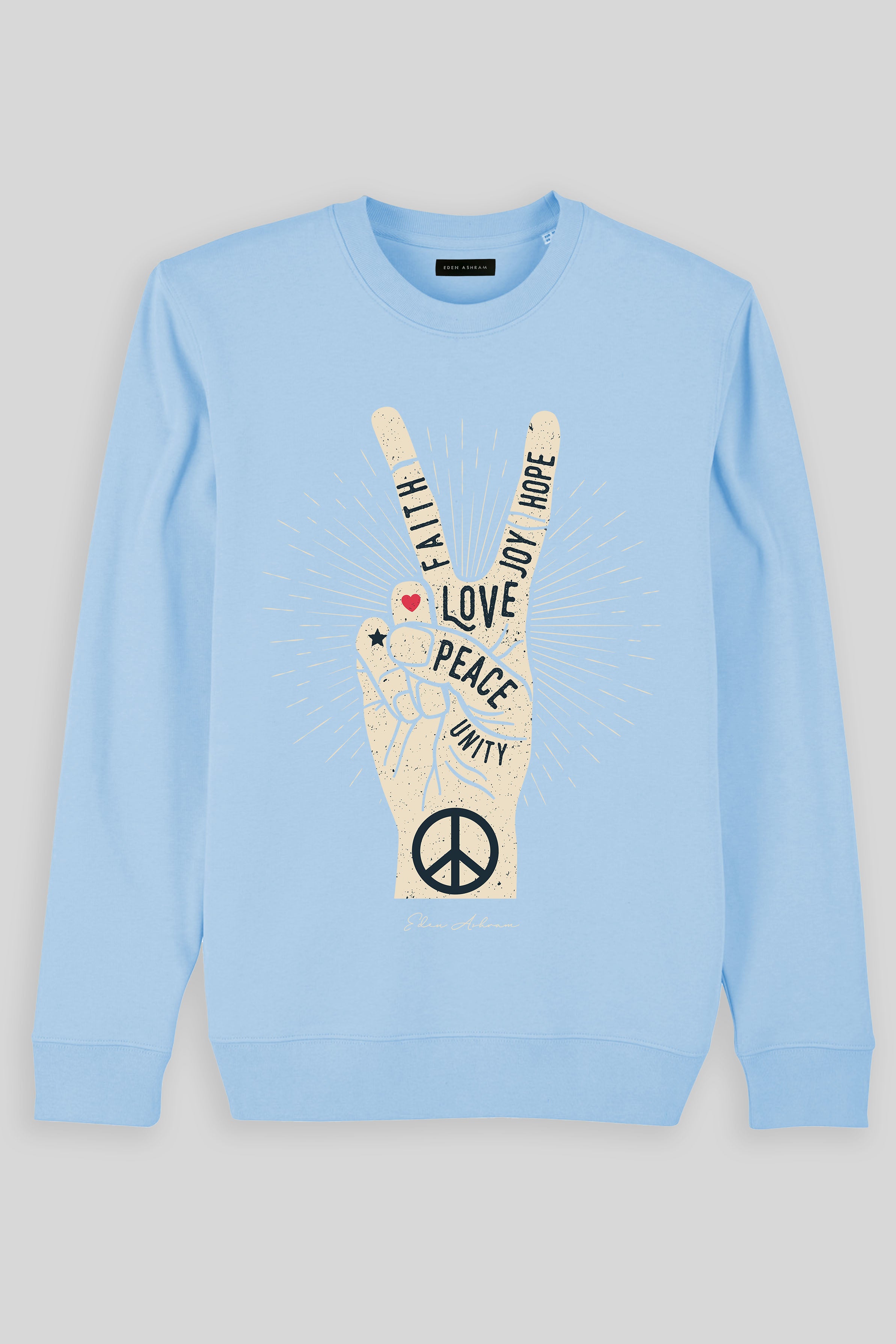 Eden Ashram Peace, Love, Unity, Faith, Joy & Hope Iconic Sweatshirt Blue Sol