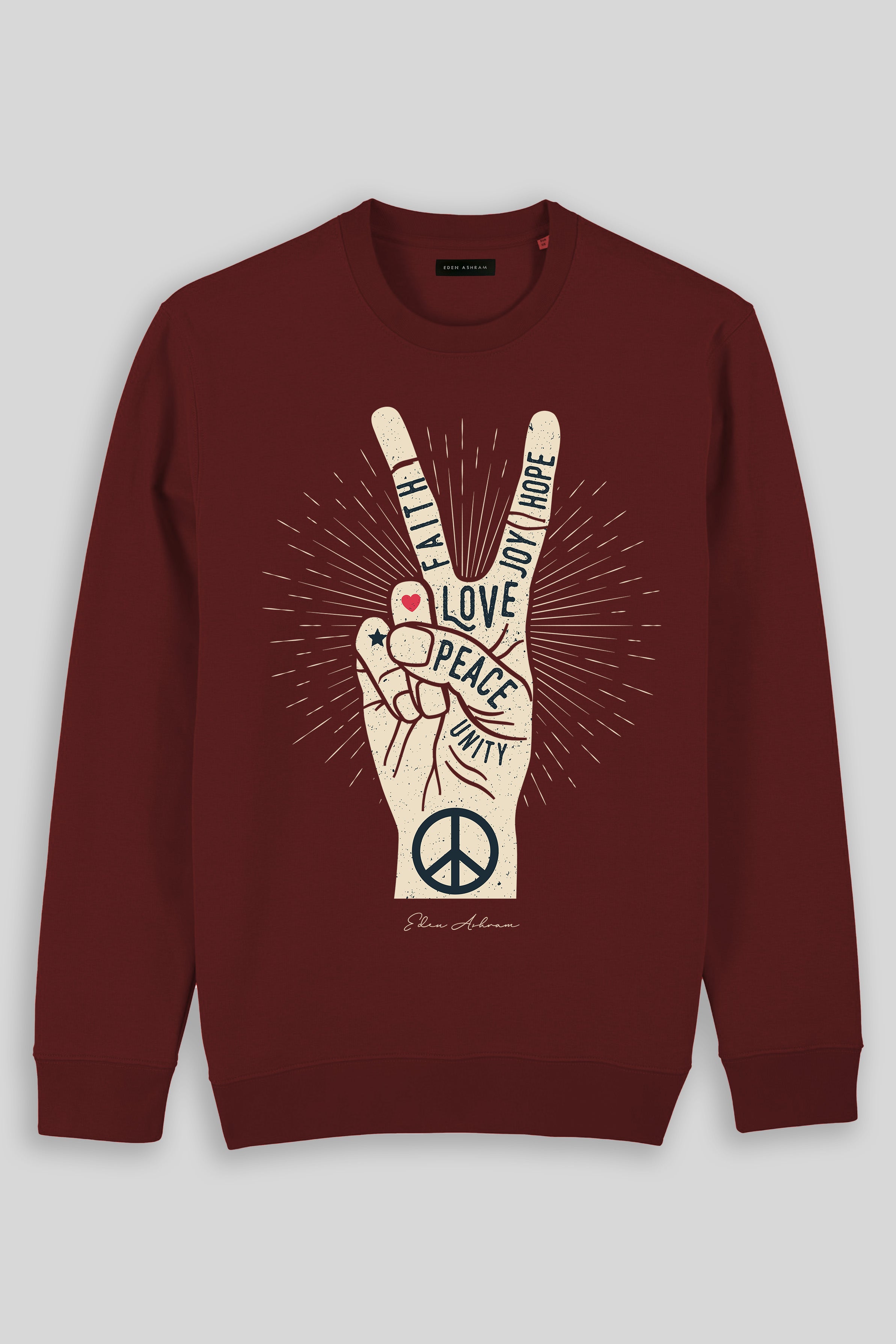 Eden Ashram Peace, Love, Unity, Faith, Joy & Hope Iconic Sweatshirt Burgundy