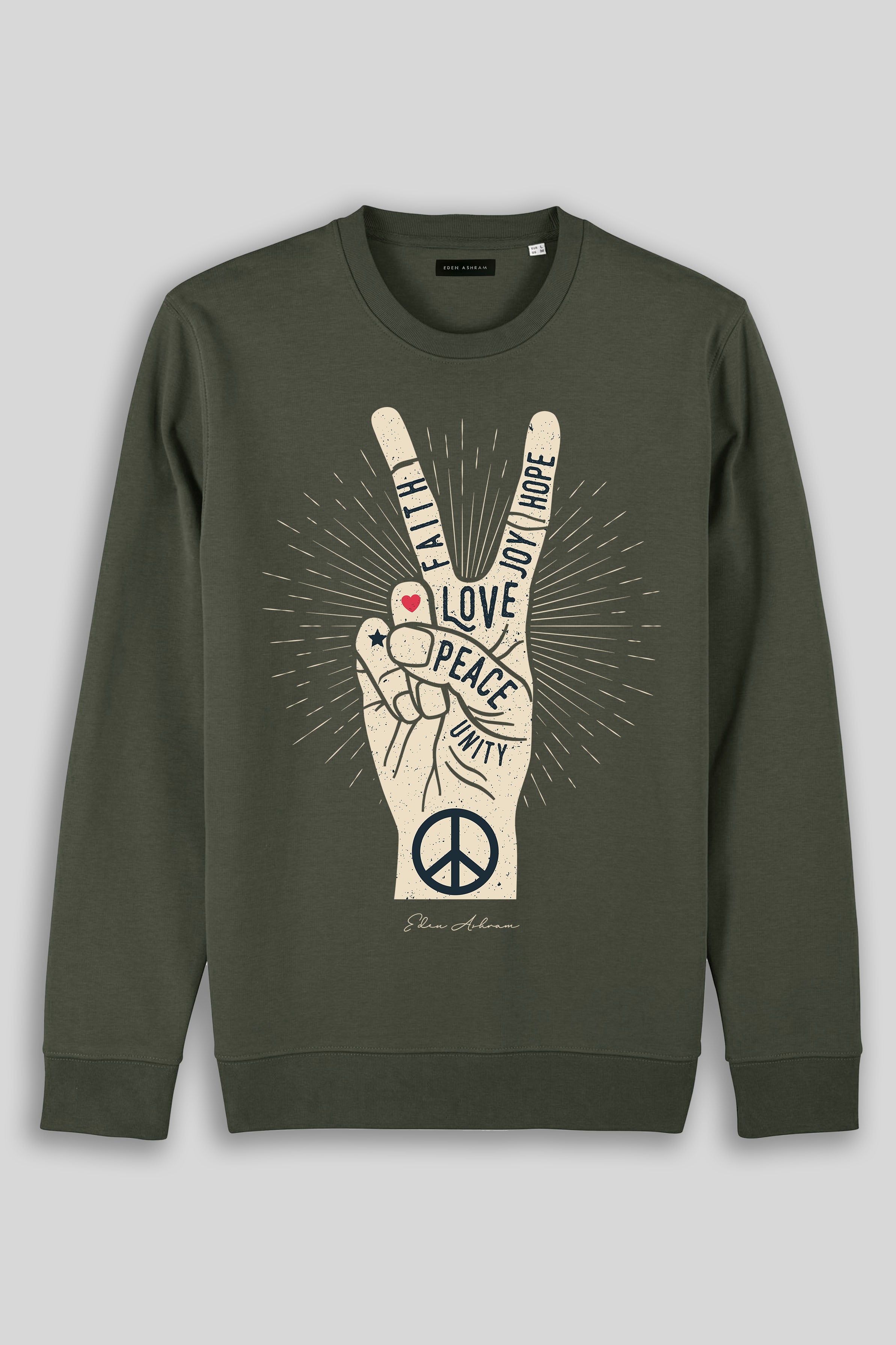 Eden Ashram Peace, Love, Unity, Faith, Joy & Hope Iconic Sweatshirt Khaki