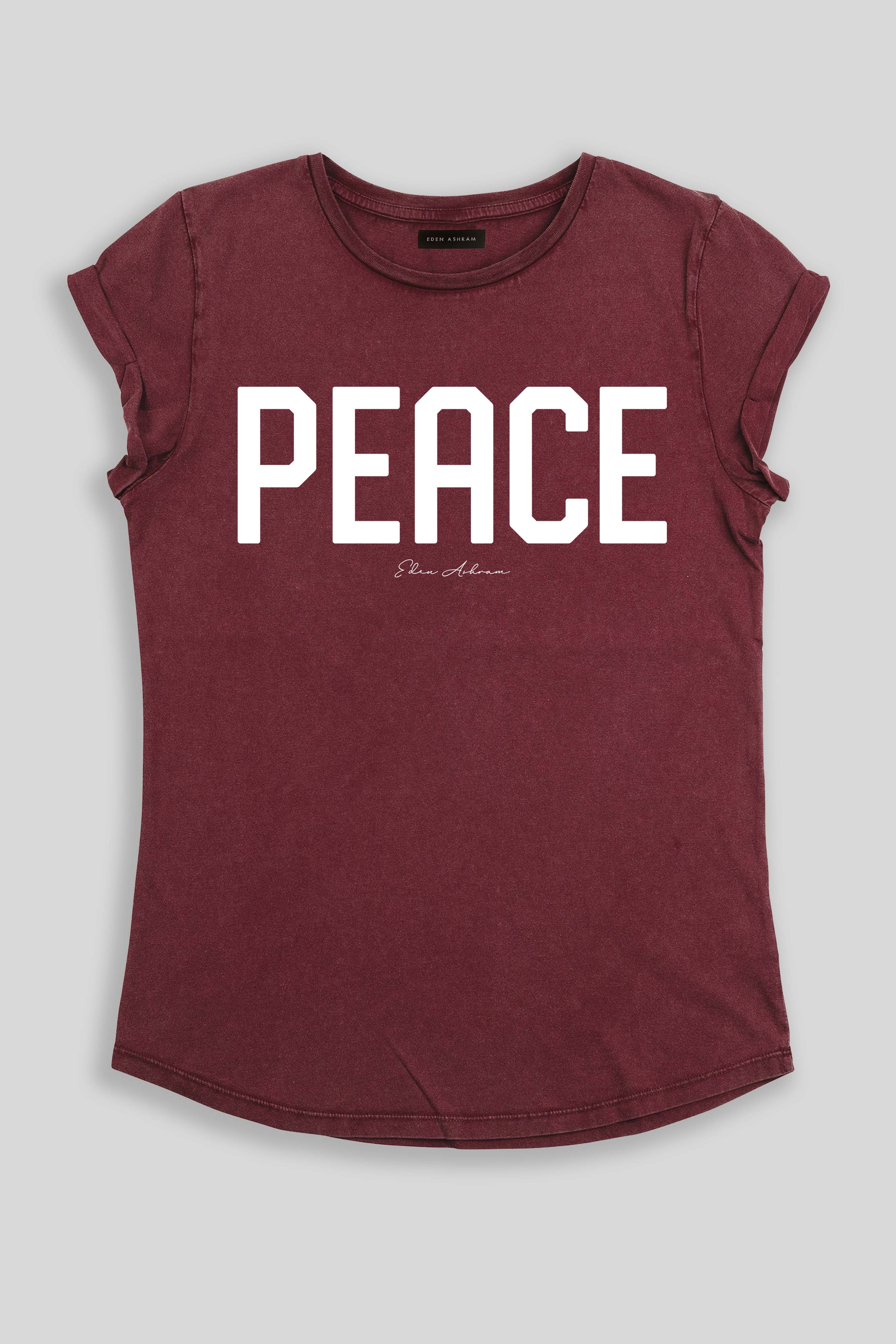 Eden Ashram PEACE Rolled Sleeve T-Shirt Stonewash Burgundy