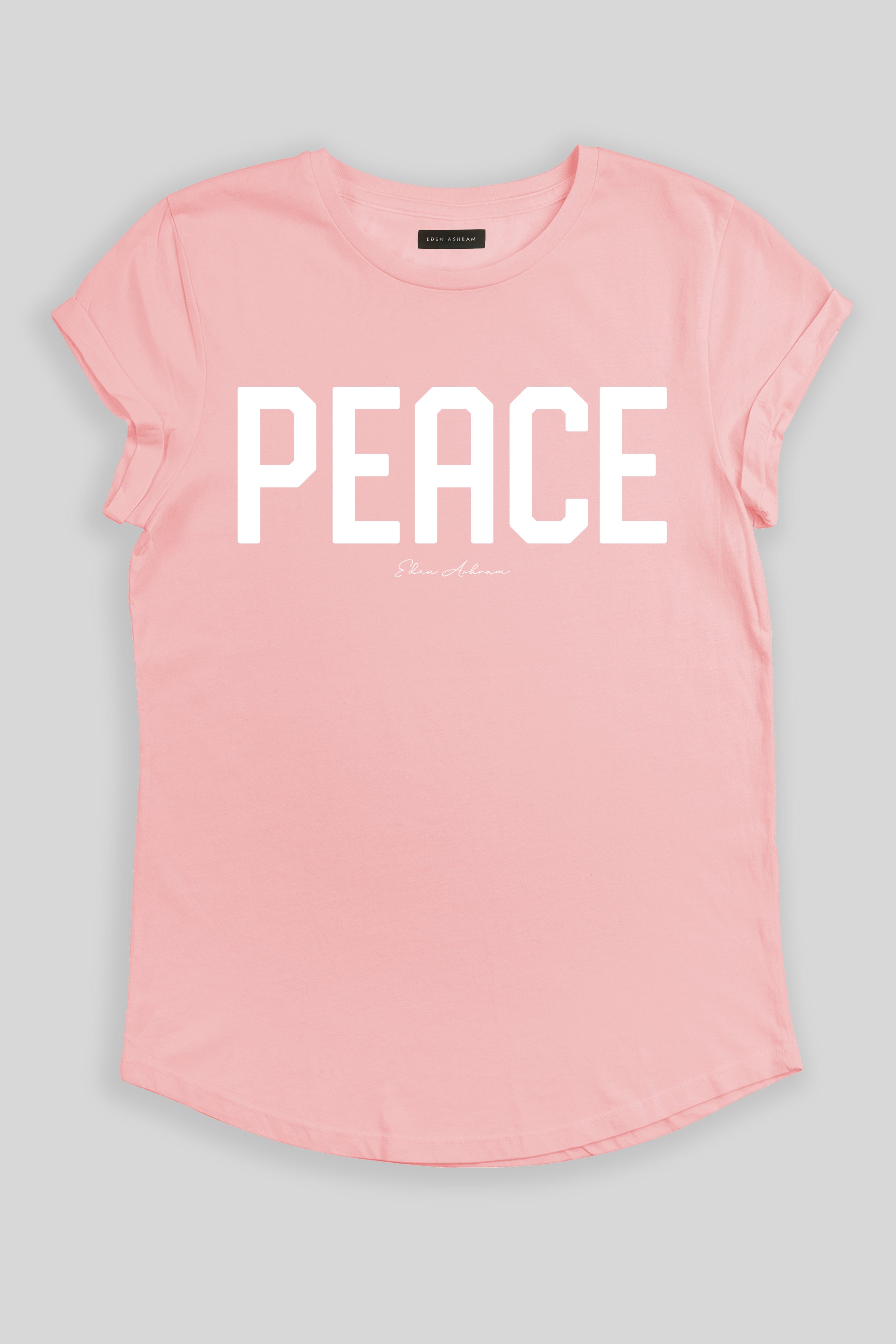 Eden Ashram PEACE Rolled Sleeve T-Shirt Stonewash Pink