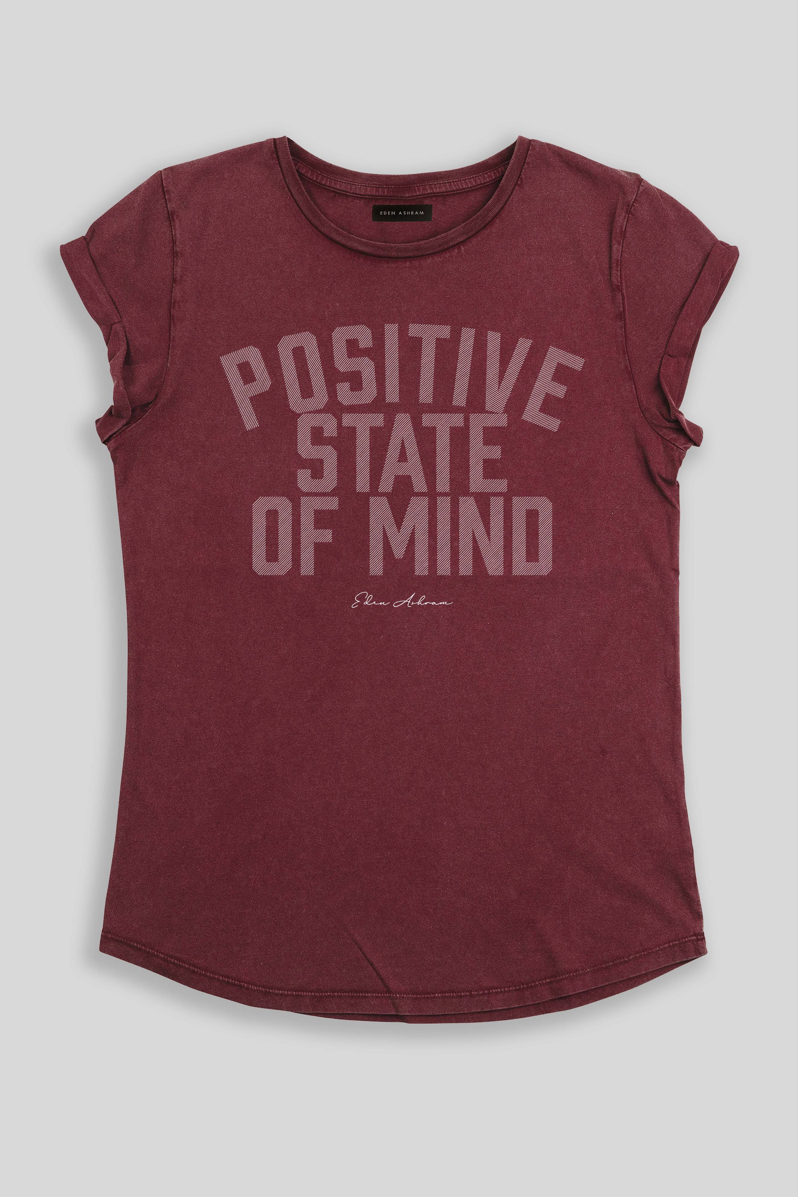 Eden Ashram Positive State Of Mind Premium Rolled Sleeve T-Shirt Stonewash Burgundy