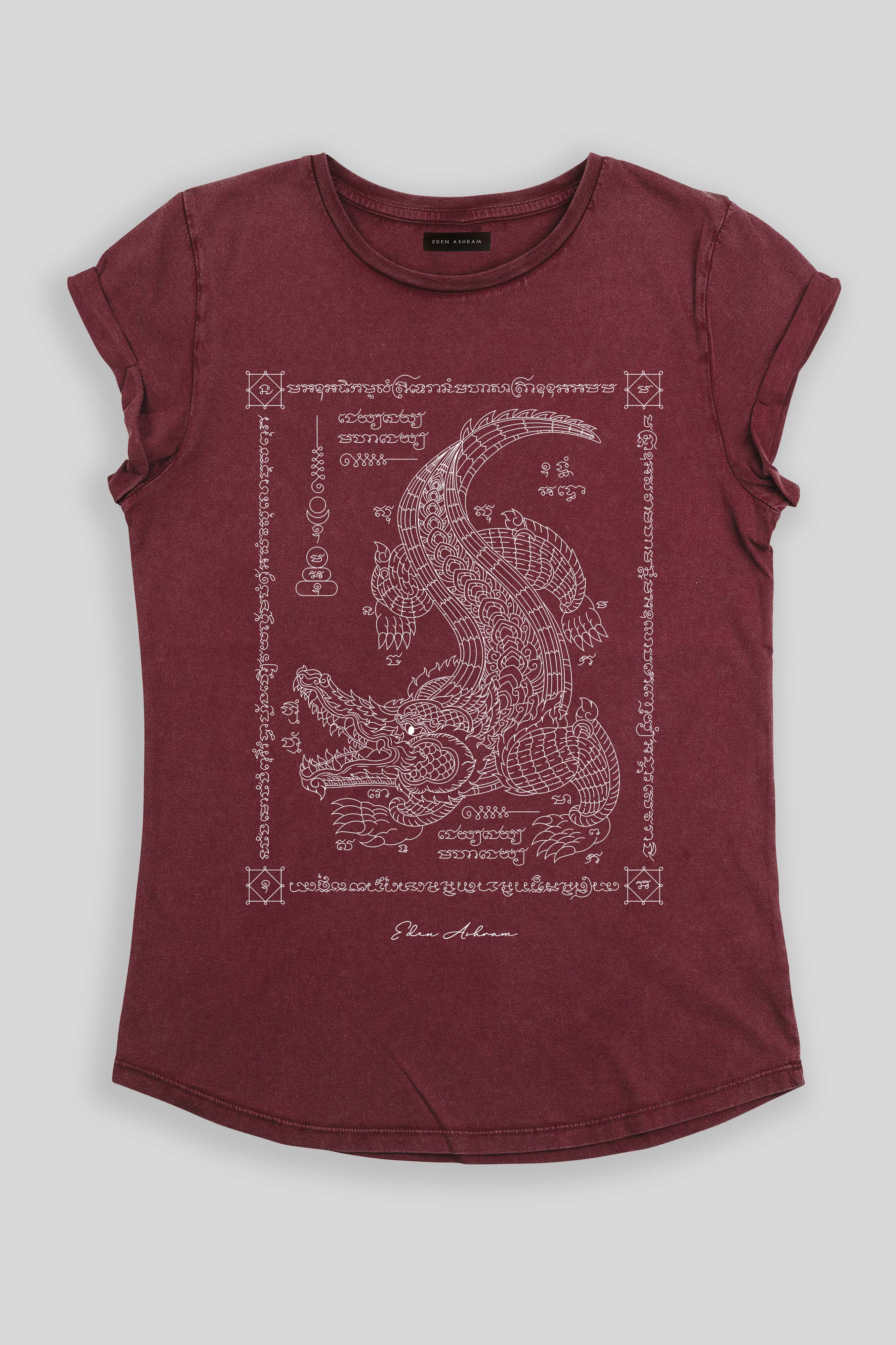 Eden Ashram Sak Yant Thaerawad (Crocodile) Rolled Sleeve T-Shirt Stonewash Burgundy