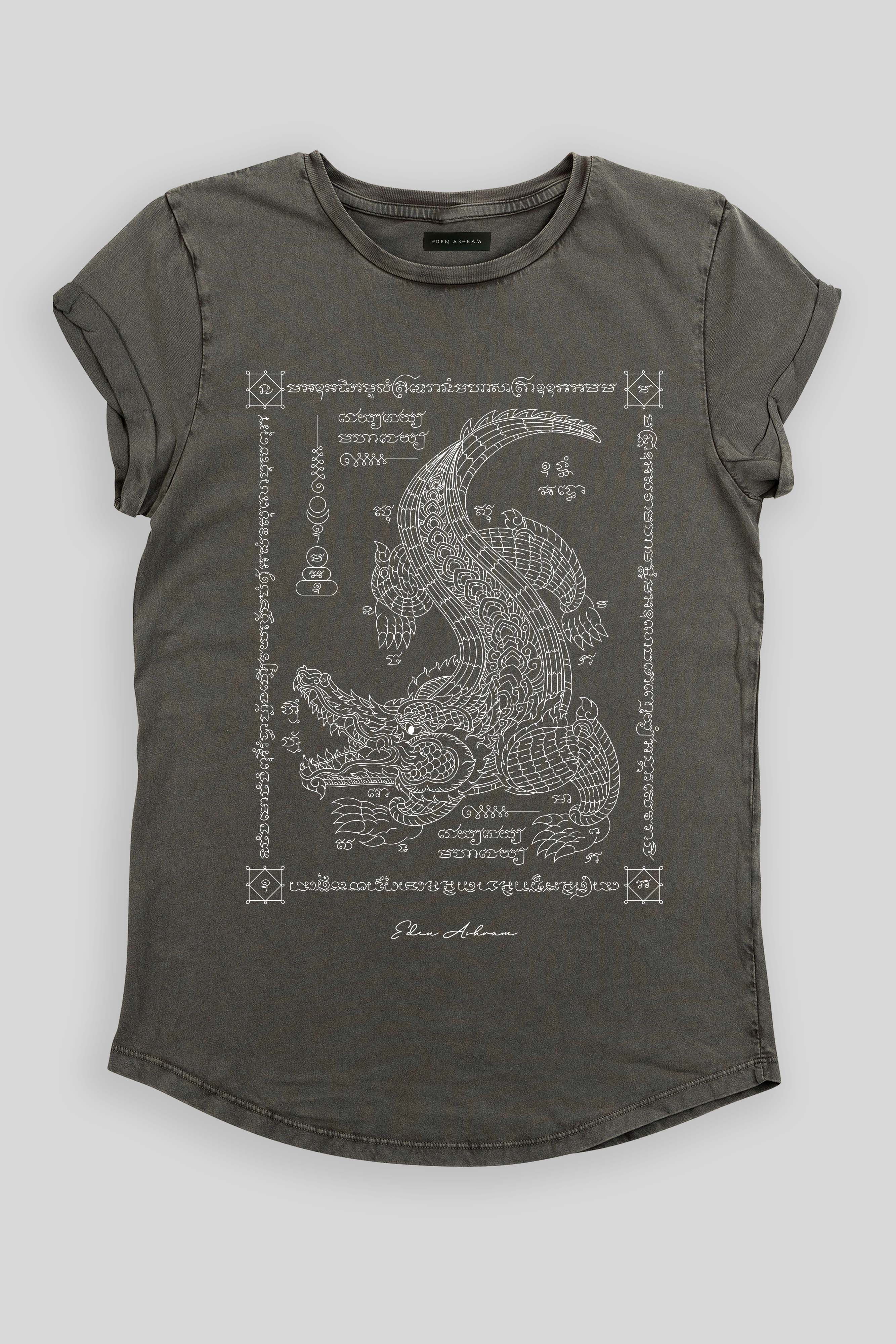 Eden Ashram Sak Yant Thaerawad (Crocodile) Rolled Sleeve T-Shirt Stonewash Grey