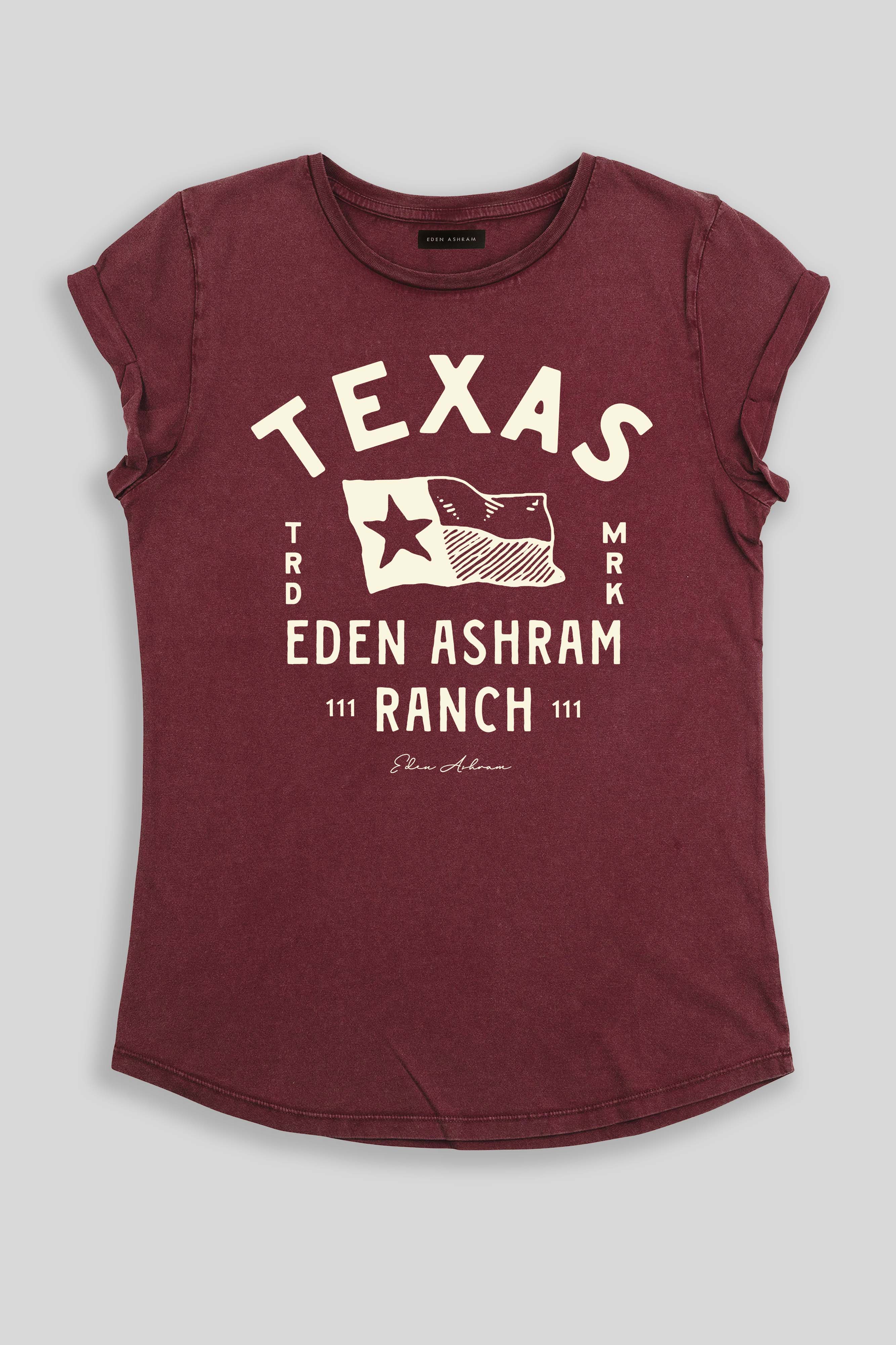 Eden Ashram Texas Ranch Premium Rolled Sleeve T-Shirt Stonewash Burgundy