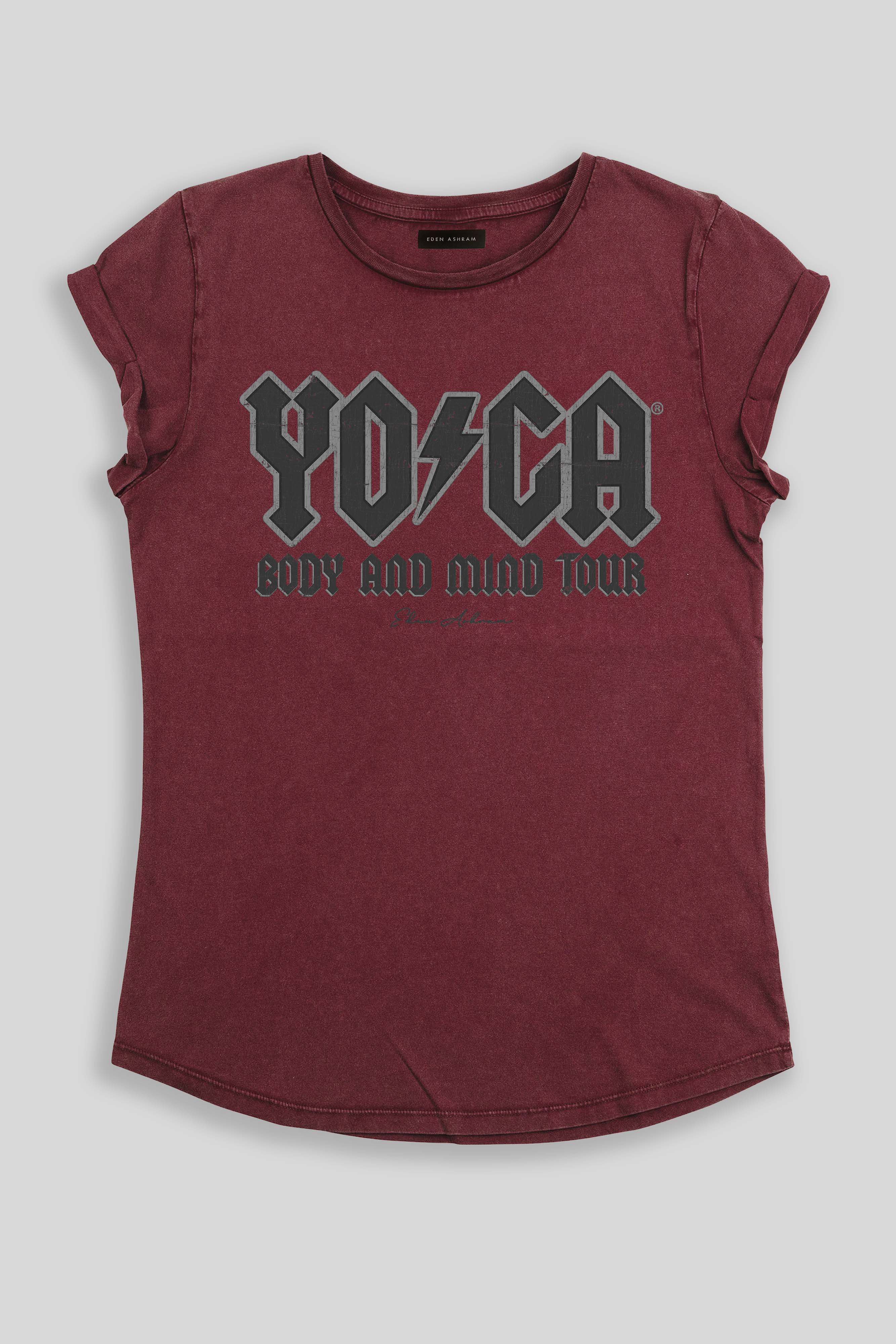 Eden Ashram The Original YOGA Tour Premium Rolled Sleeve T-Shirt Stonewash Burgundy